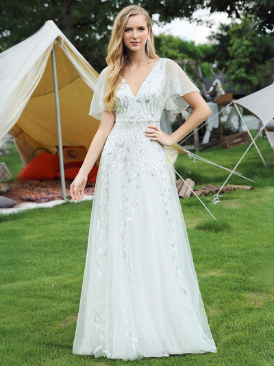ever ASTRAL|Robe de soirée de mariage à col en V et manches à volants