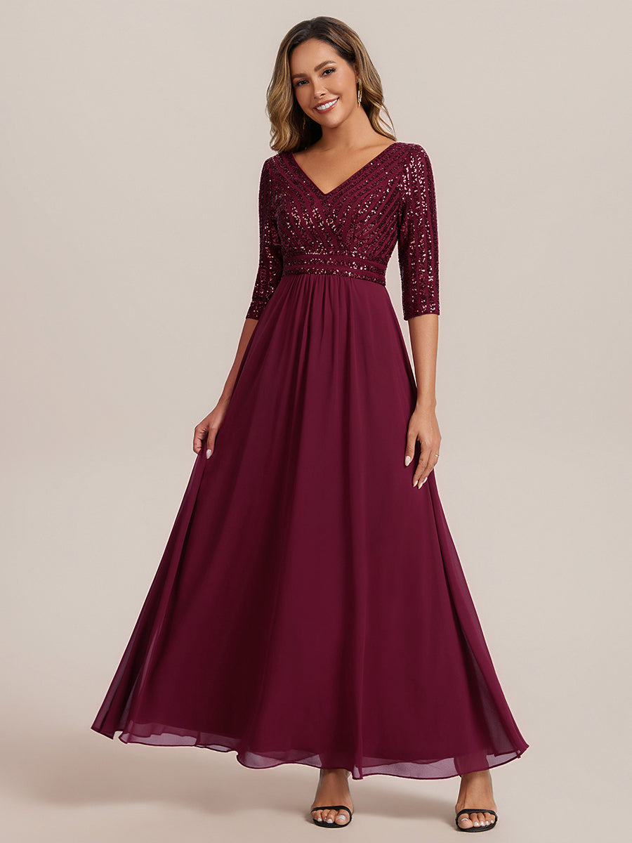 robe longue en sequins transparente à manches trois quarts et décolleté en V #Couleur_Bordeaux