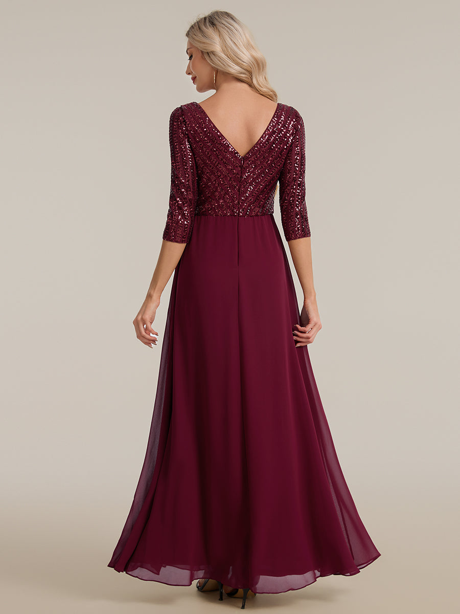 robe longue en sequins transparente à manches trois quarts et décolleté en V #Couleur_Bordeaux