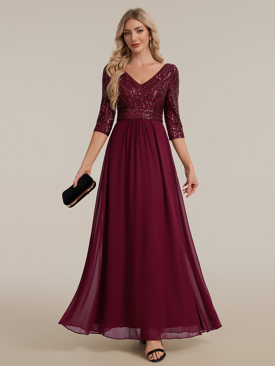 robe longue en sequins transparente à manches trois quarts et décolleté en V #Couleur_Bordeaux