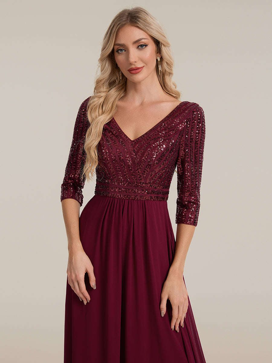 robe longue en sequins transparente à manches trois quarts et décolleté en V #Couleur_Bordeaux