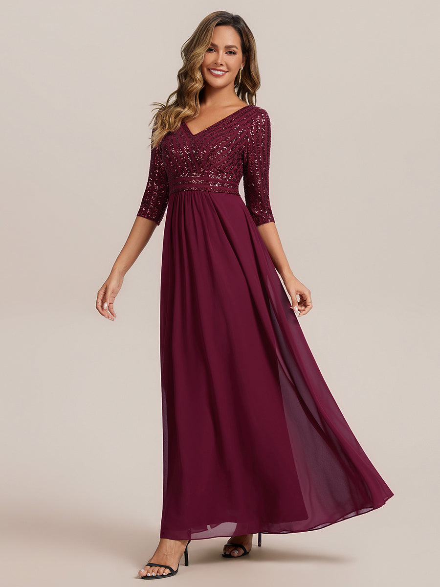 robe longue en sequins transparente à manches trois quarts et décolleté en V #Couleur_Bordeaux