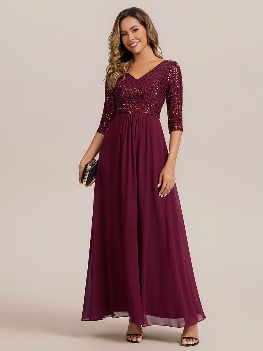 robe longue en sequins transparente à manches trois quarts et décolleté en V #Couleur_Bordeaux
