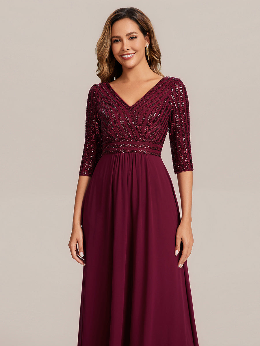 robe longue en sequins transparente à manches trois quarts et décolleté en V #Couleur_Bordeaux