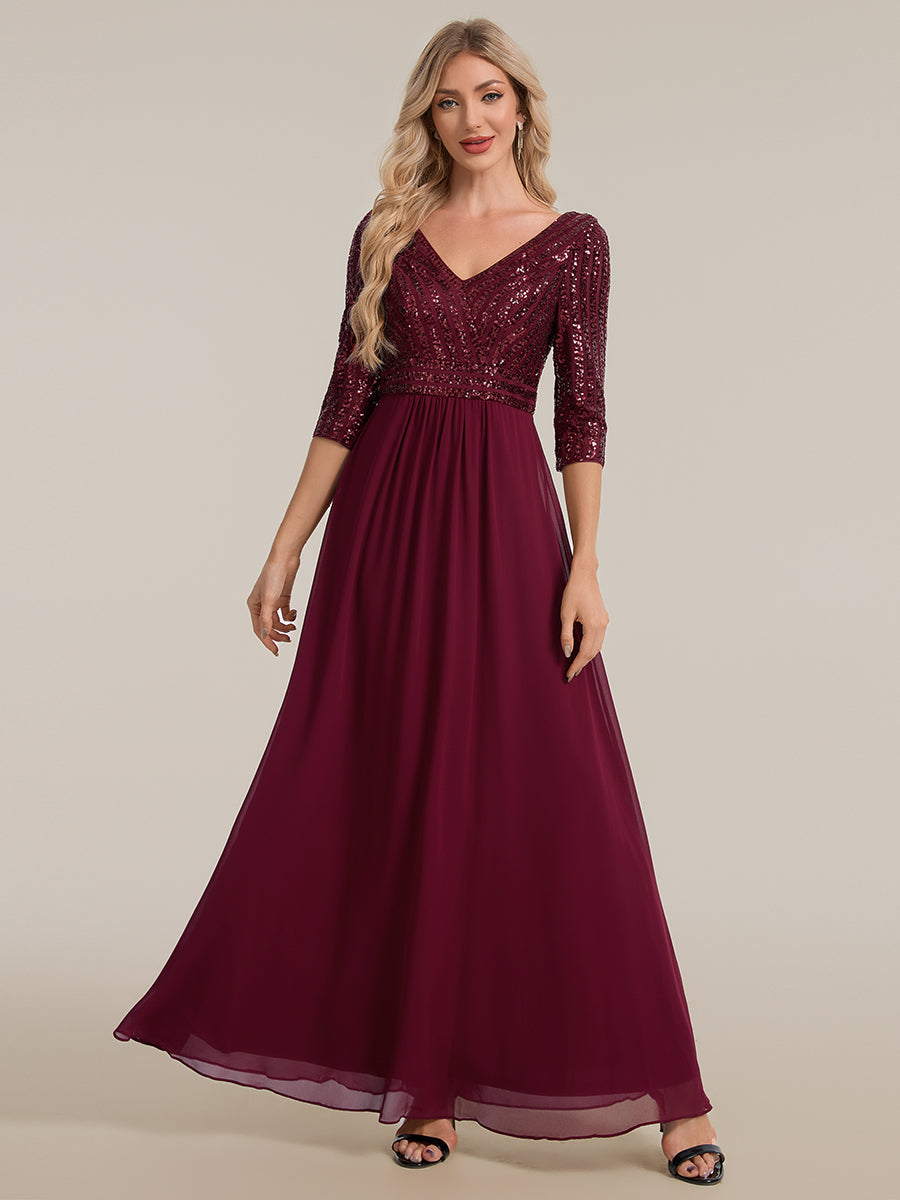 robe longue en sequins transparente à manches trois quarts et décolleté en V #Couleur_Bordeaux