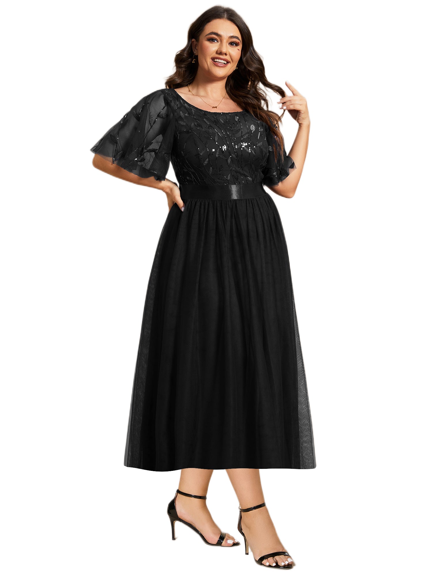 Robe d'invité de mariage trapèze en mousseline fluide à encolure ronde et longueur au genou #Couleur_Noir