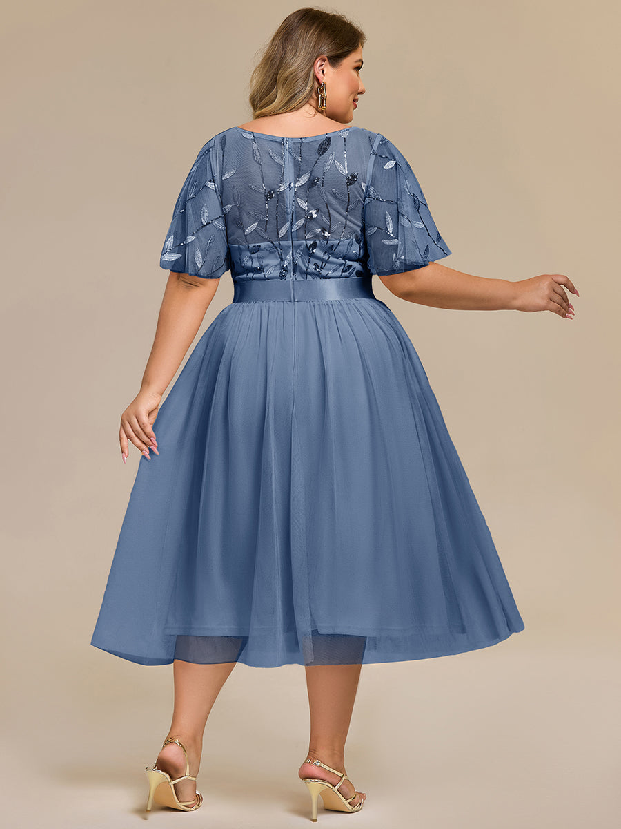 Robe d'invité de mariage trapèze en mousseline fluide à encolure ronde et longueur au genou #Couleur_Marine Fume