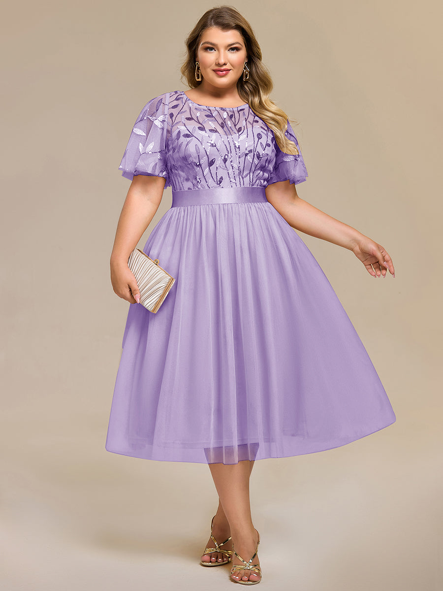 Robe d'invité de mariage trapèze en mousseline fluide à encolure ronde et longueur au genou #Couleur_Lavande