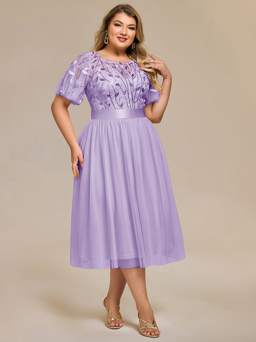Robe d'invité de mariage trapèze en mousseline fluide à encolure ronde et longueur au genou #Couleur_Lavande
