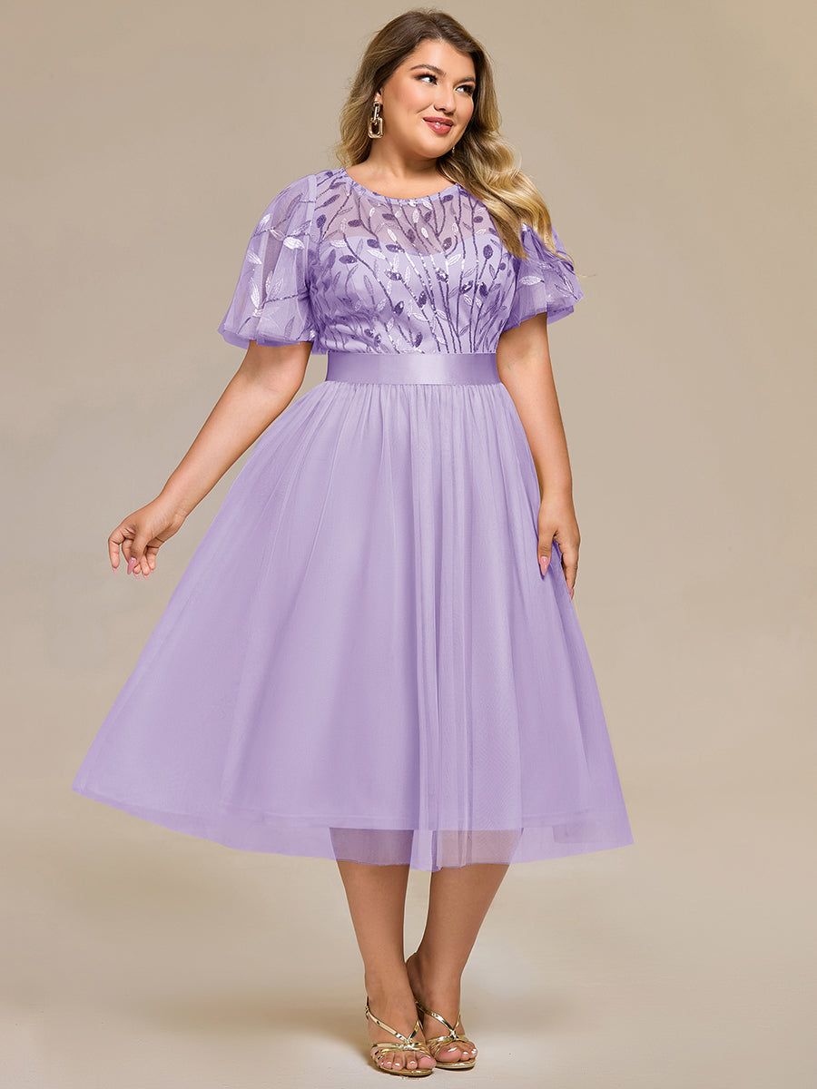 Robe d'invité de mariage trapèze en mousseline fluide à encolure ronde et longueur au genou #Couleur_Lavande