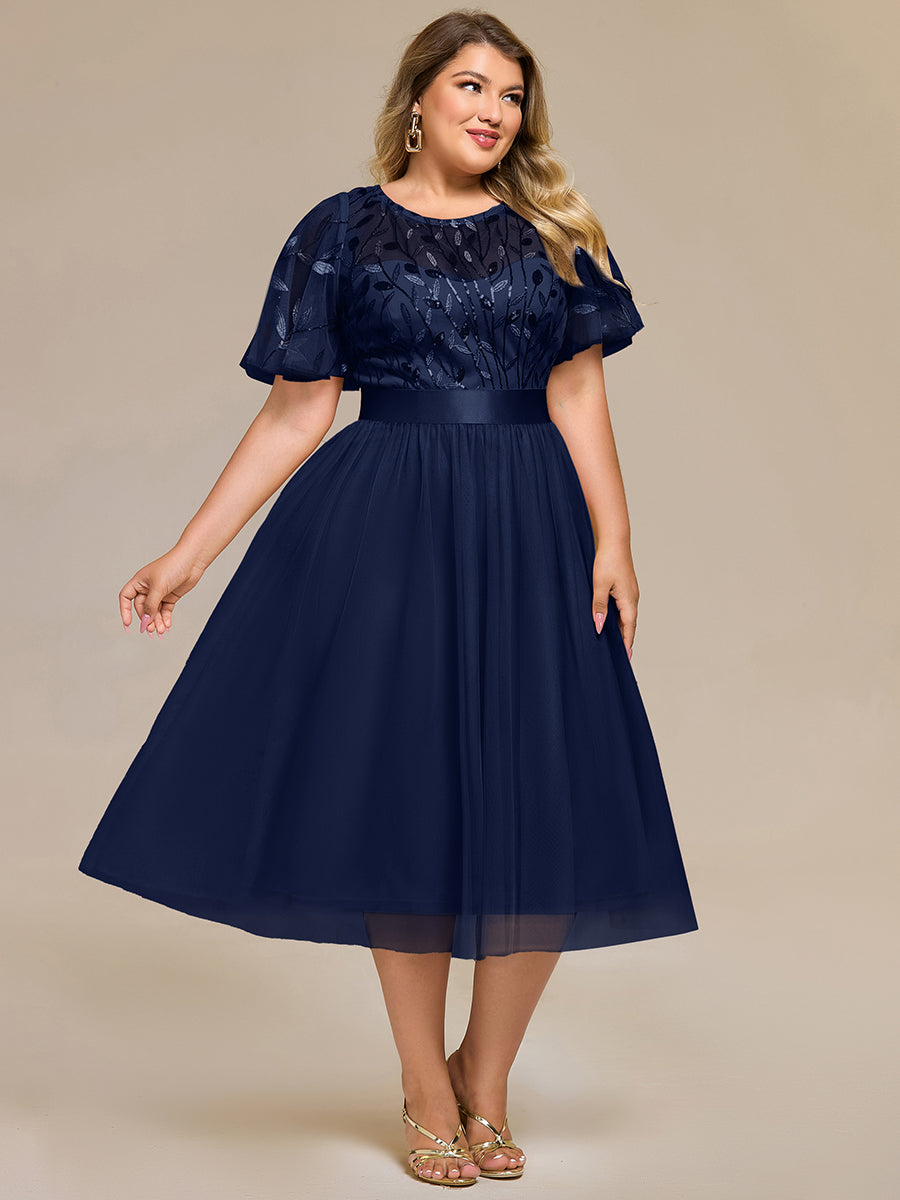 Robe d'invité de mariage trapèze en mousseline fluide à encolure ronde et longueur au genou #Couleur_Bleu Marine