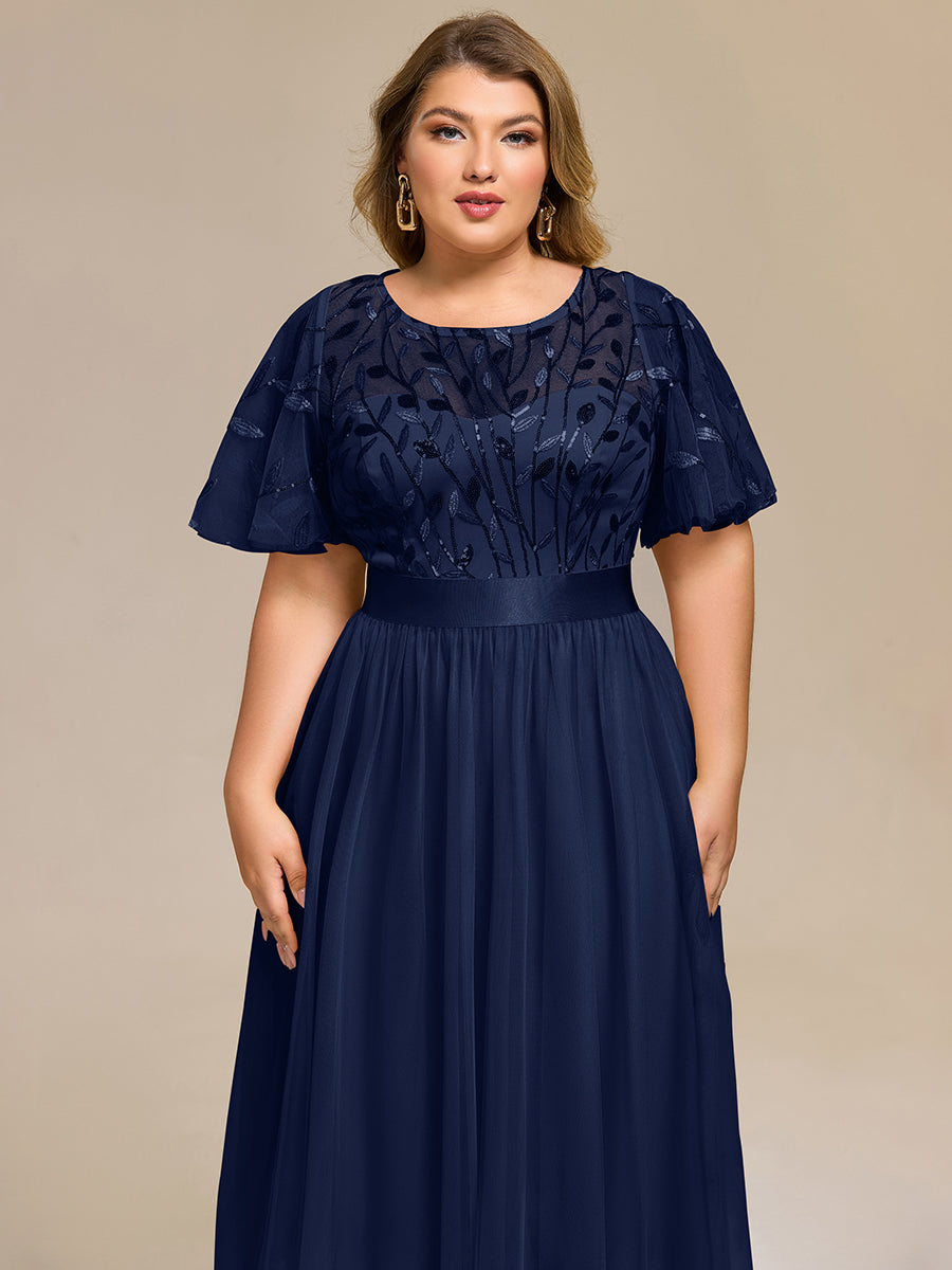 Robe d'invité de mariage trapèze en mousseline fluide à encolure ronde et longueur au genou #Couleur_Bleu Marine