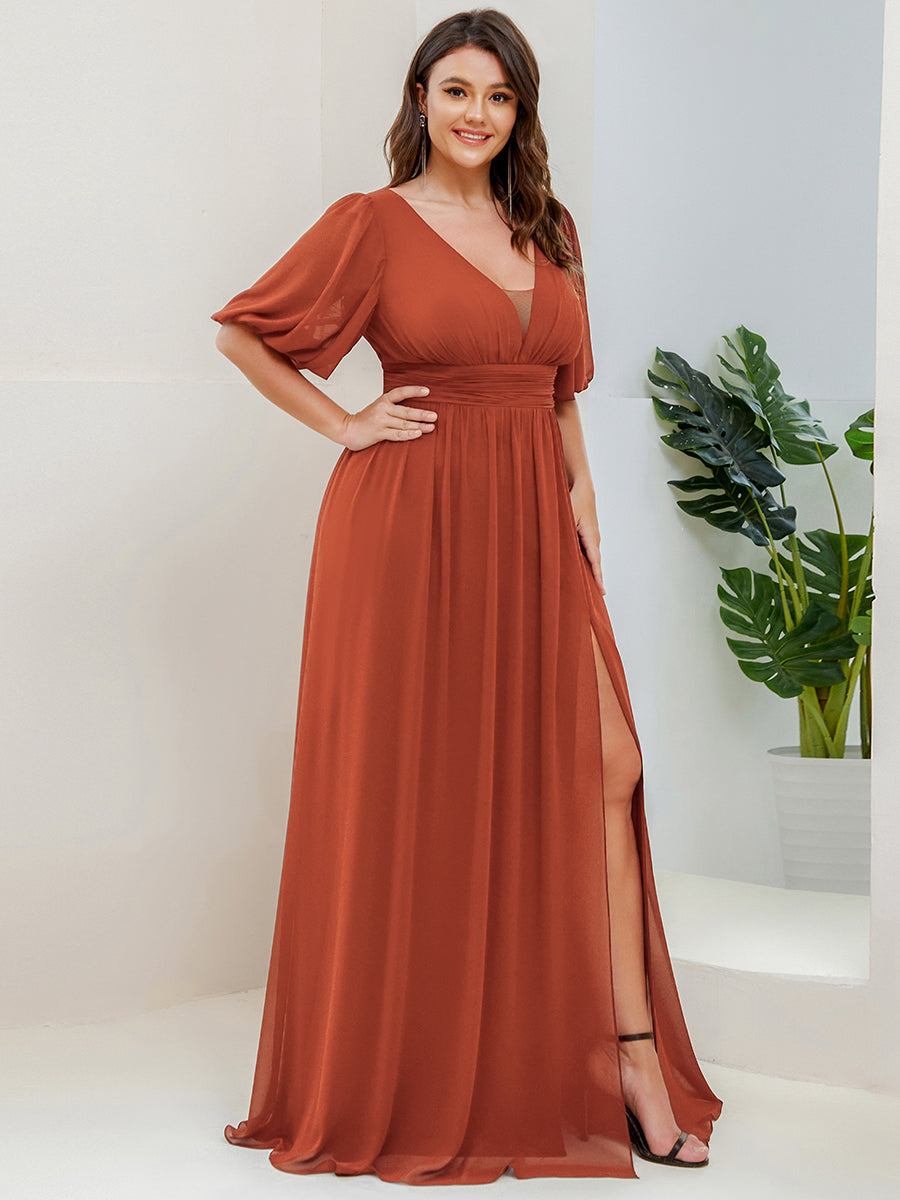 Robe de soirée Mousseline M manches courtes et col en V #Couleur_Burnt Orange