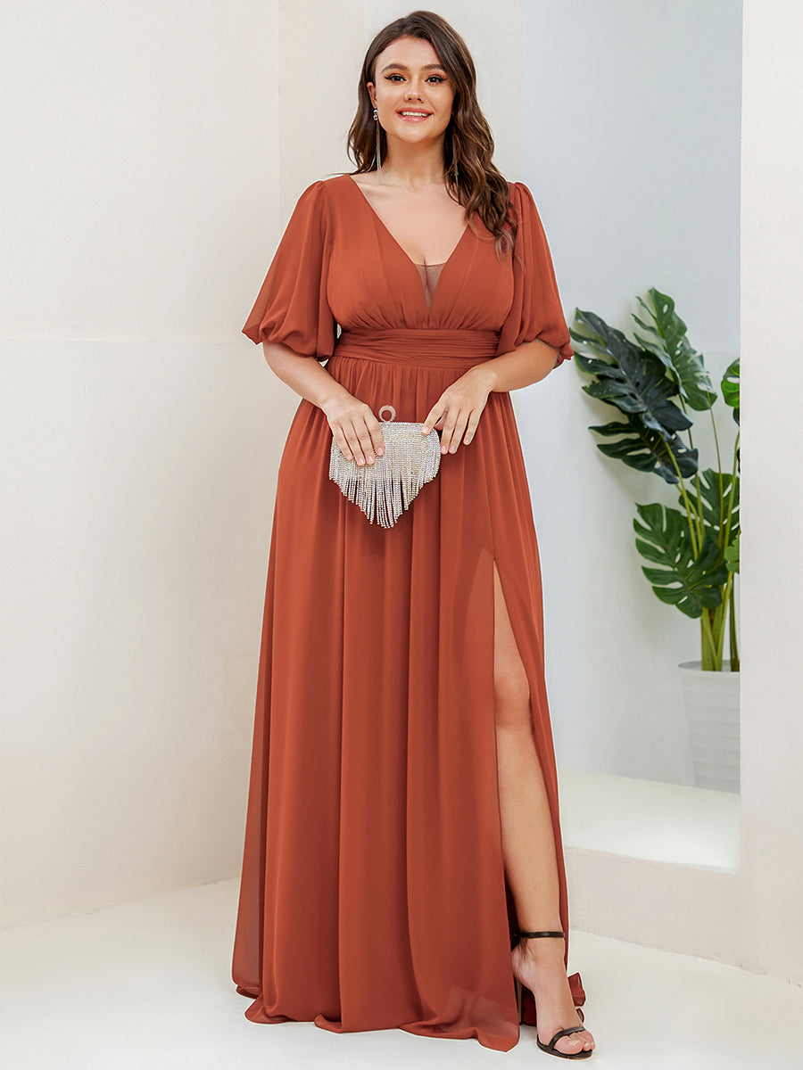 Robe de soirée Mousseline M manches courtes et col en V #Couleur_Burnt Orange