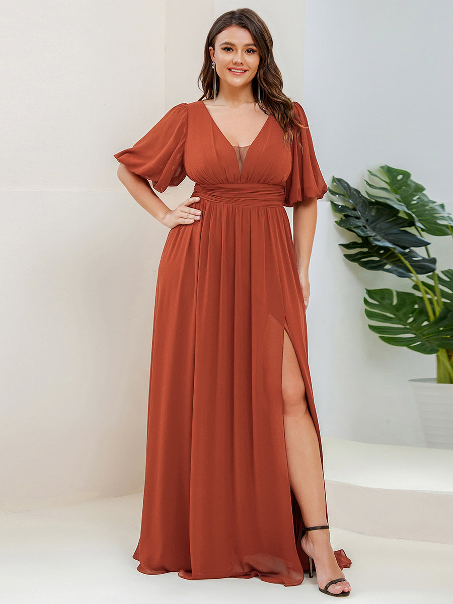 Robe de soirée Mousseline M manches courtes et col en V #Couleur_Burnt Orange
