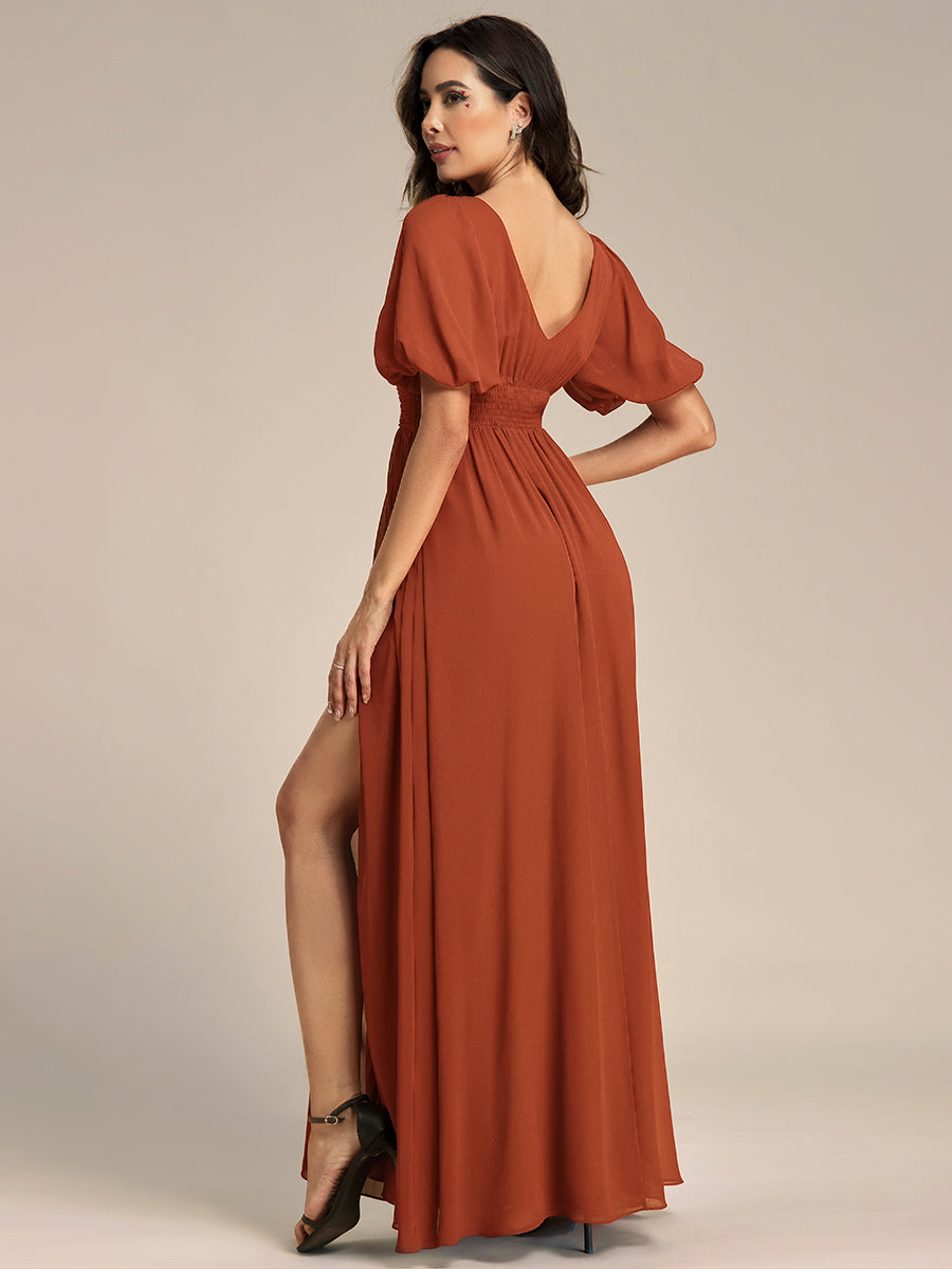 Taille personnalisée Robe de soirée Mousseline Manches courtes col en V #Couleur_Burnt Orange