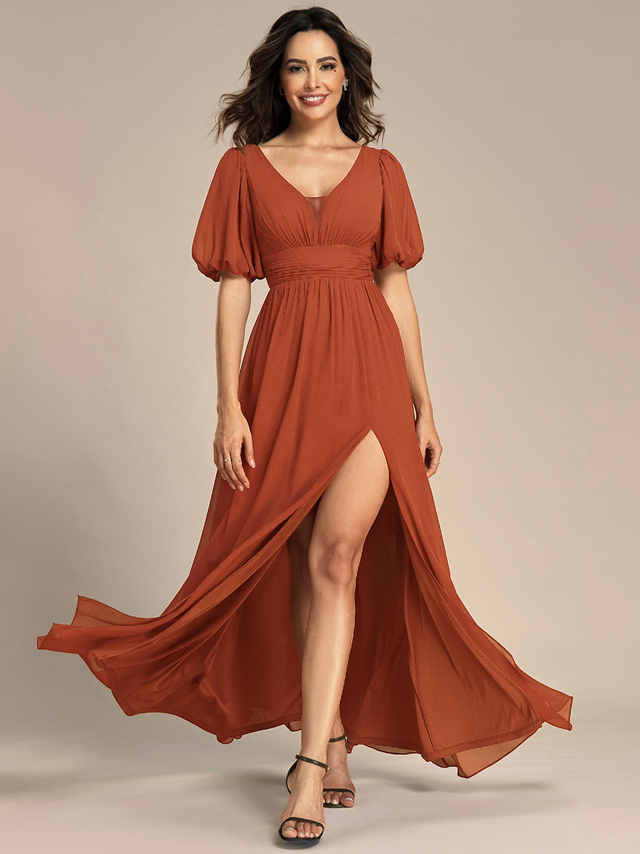 Taille personnalisée Robe de soirée Mousseline Manches courtes col en V #Couleur_Burnt Orange