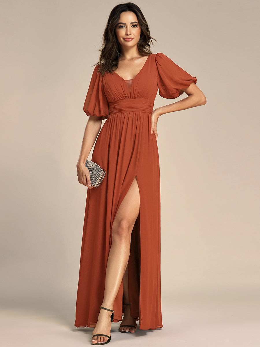 Taille personnalisée Robe de soirée Mousseline Manches courtes col en V #Couleur_Burnt Orange