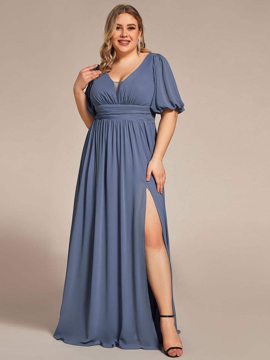 Taille personnalisée Robe de soirée Mousseline Manches courtes col en V #Couleur_Marine Fume