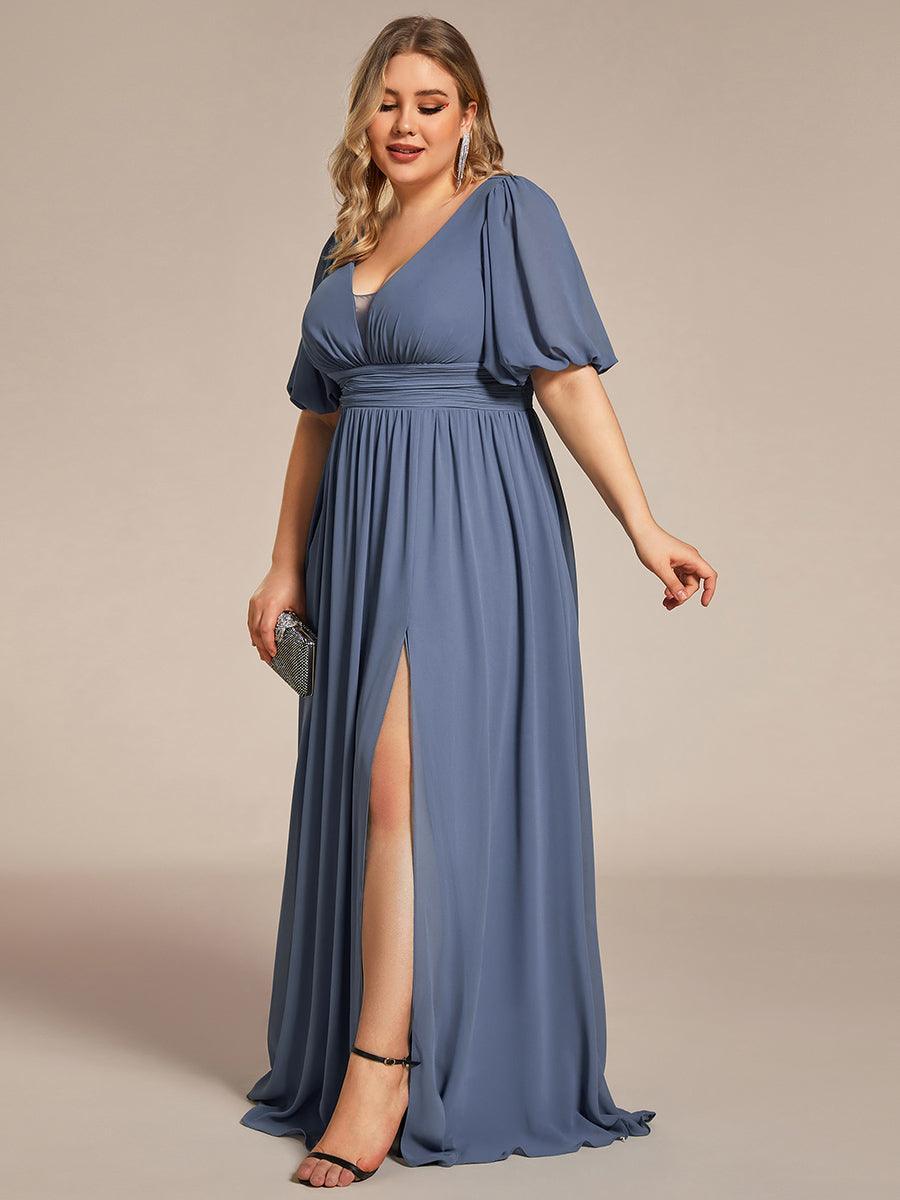 Taille personnalisée Robe de soirée Mousseline Manches courtes col en V #Couleur_Marine Fume