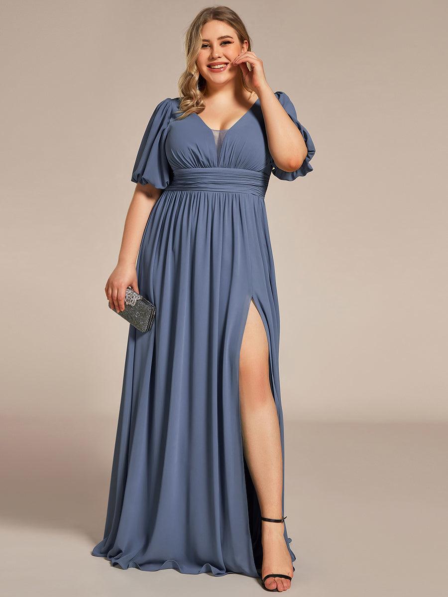 Taille personnalisée Robe de soirée Mousseline Manches courtes col en V #Couleur_Marine Fume