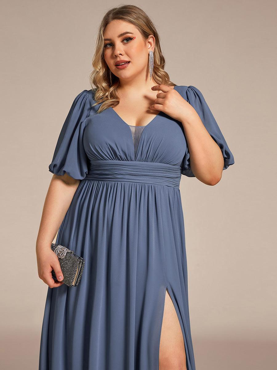 Taille personnalisée Robe de soirée Mousseline Manches courtes col en V #Couleur_Marine Fume