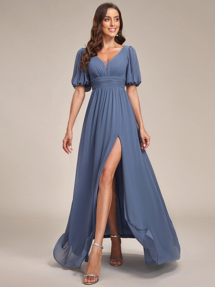 Taille personnalisée Robe de soirée Mousseline Manches courtes col en V #Couleur_Marine Fume