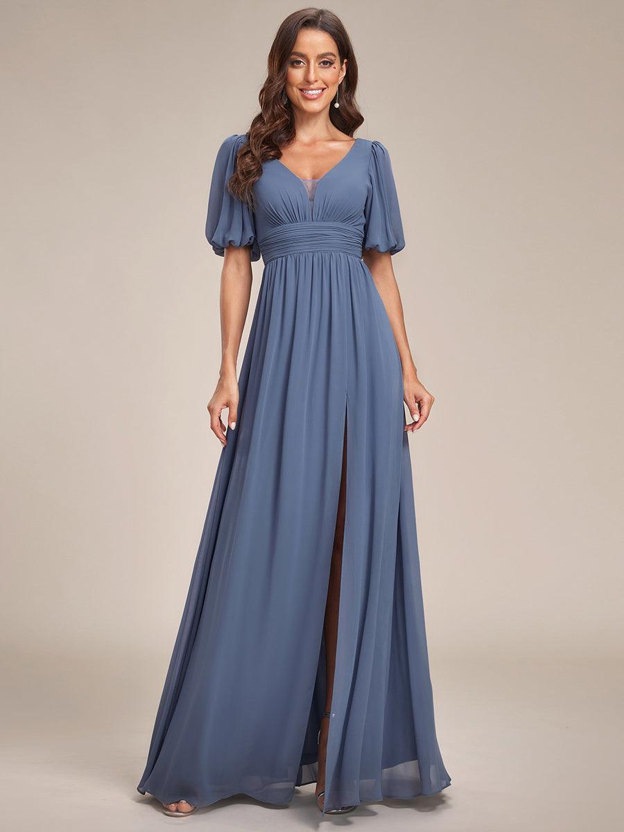 Taille personnalisée Robe de soirée Mousseline Manches courtes col en V #Couleur_Marine Fume