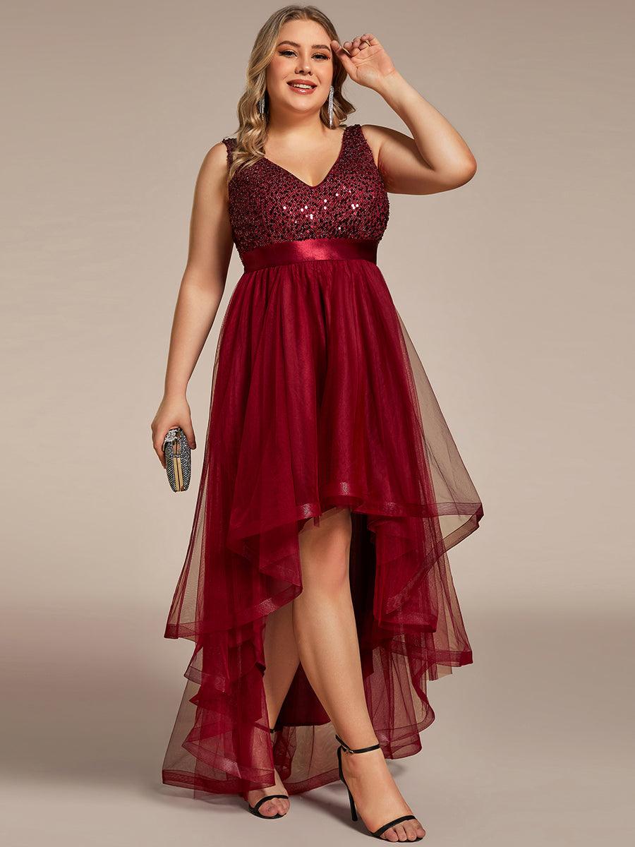 Robe de Soirée Haute Basse à Col en V à Paillettes de Grande Taille #Couleur_Bordeaux