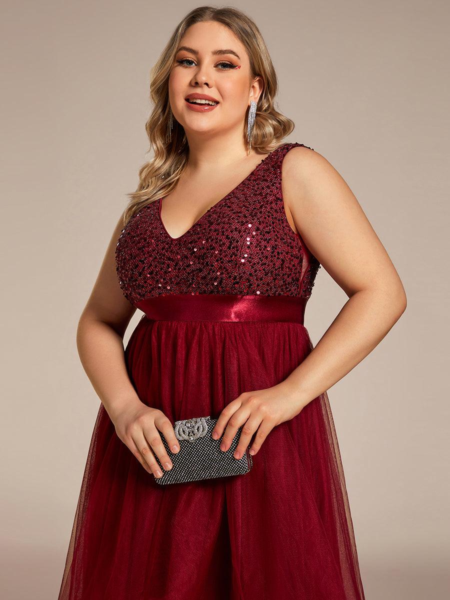 Robe de Soirée Haute Basse à Col en V à Paillettes de Grande Taille #Couleur_Bordeaux