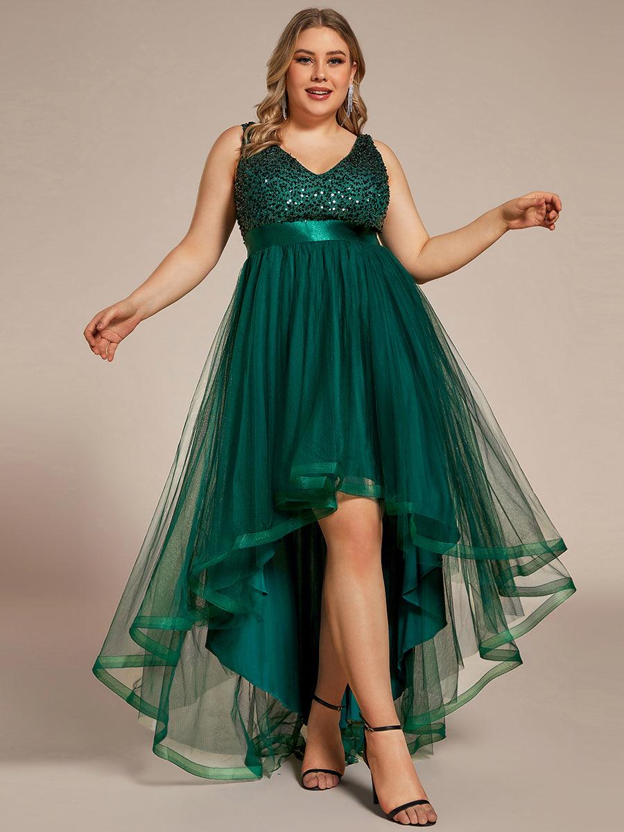 Robe de Soirée Haute Basse à Col en V à Paillettes de Grande Taille #Couleur_Vert Fonce