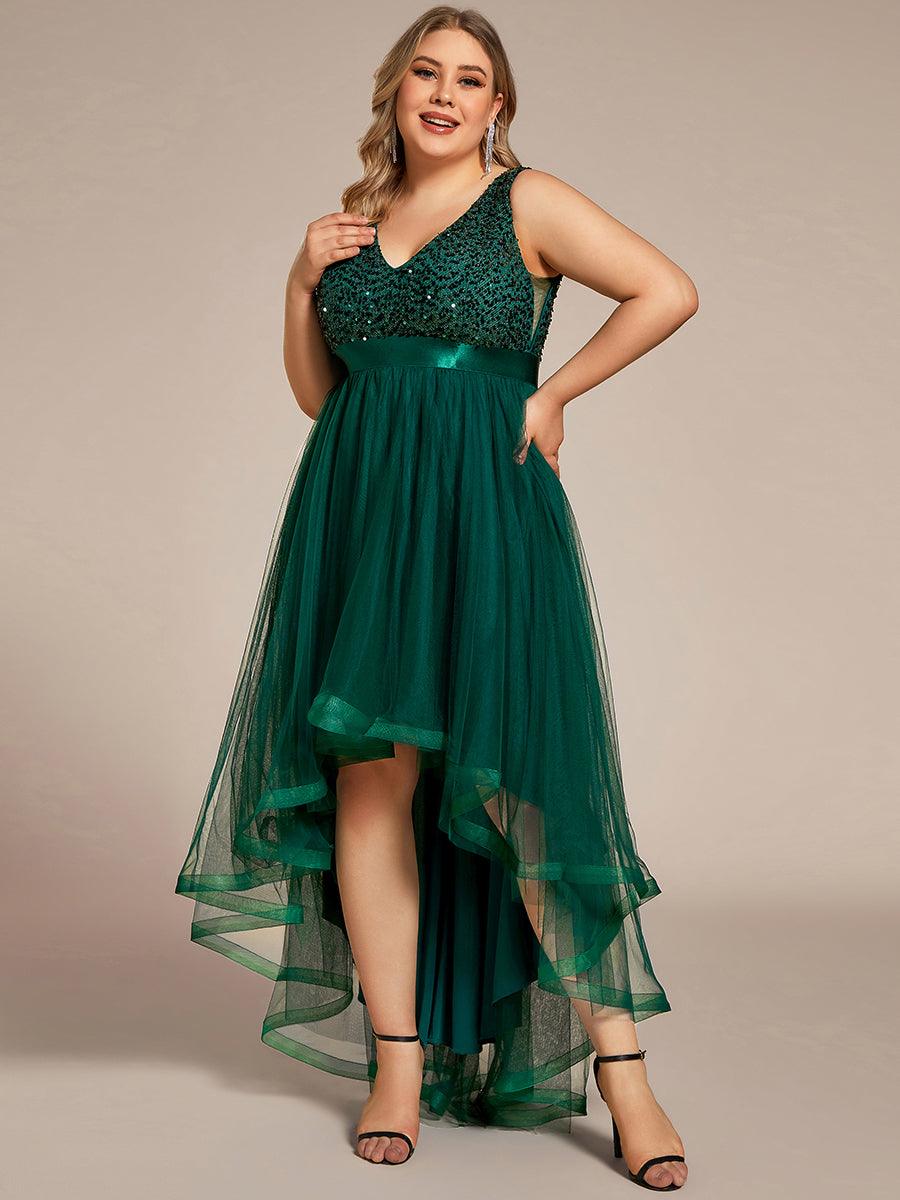Robe de Soirée Haute Basse à Col en V à Paillettes de Grande Taille #Couleur_Vert Fonce