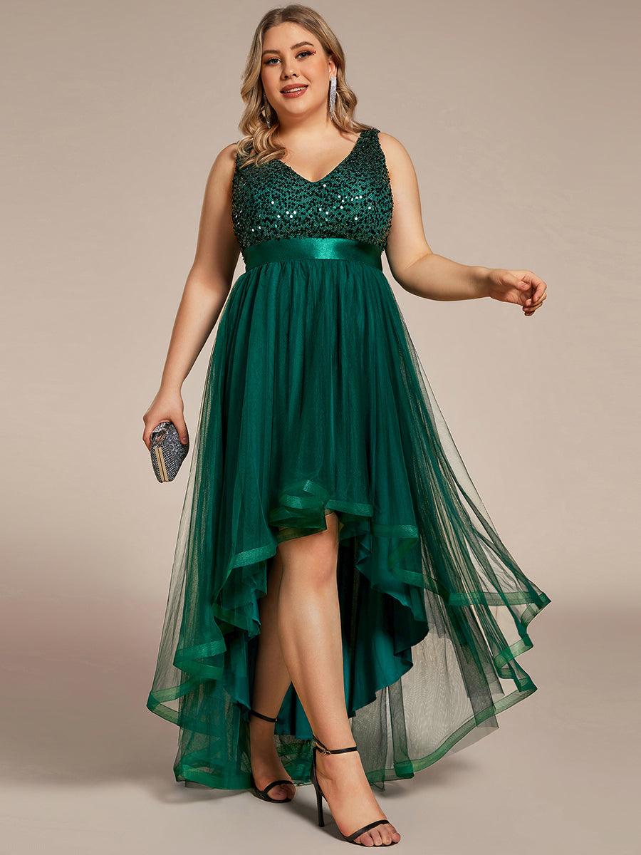 Robe de Soirée Haute Basse à Col en V à Paillettes de Grande Taille #Couleur_Vert Fonce