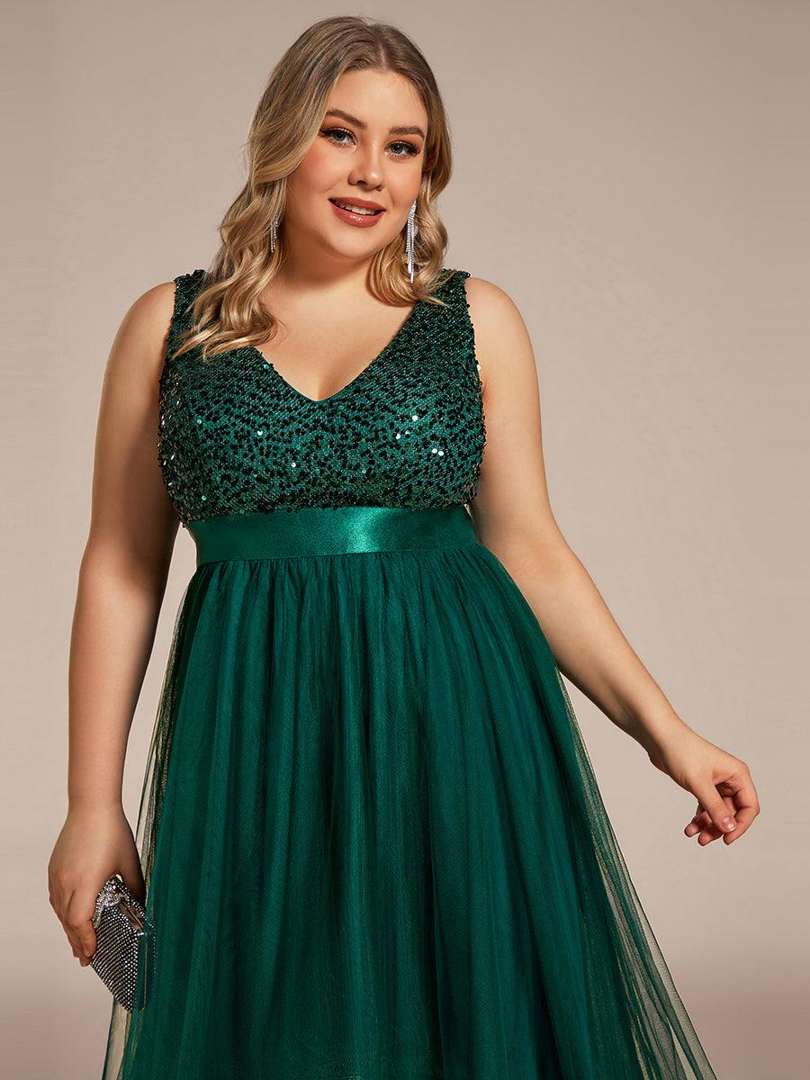 Robe de Soirée Haute Basse à Col en V à Paillettes de Grande Taille #Couleur_Vert Fonce