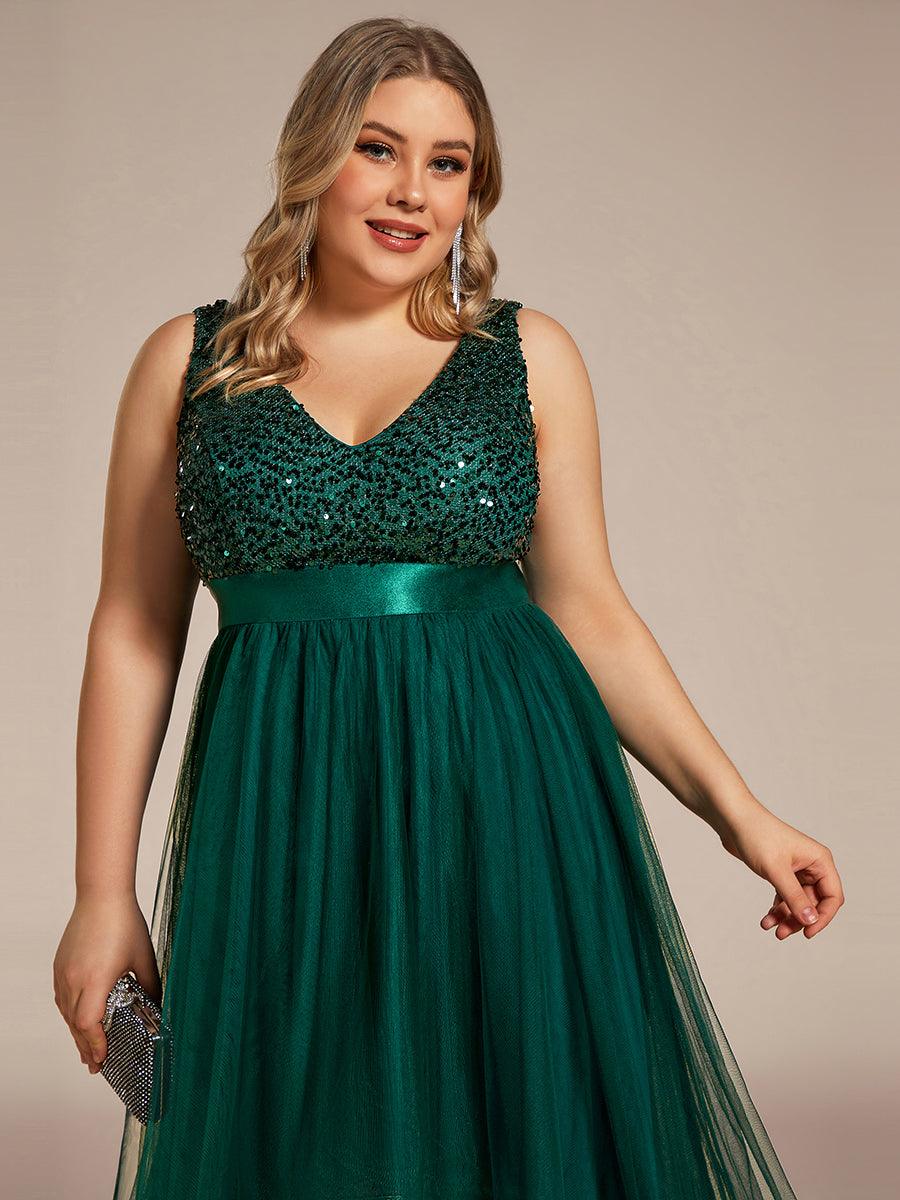 Robe de Soirée Haute Basse à Col en V à Paillettes de Grande Taille