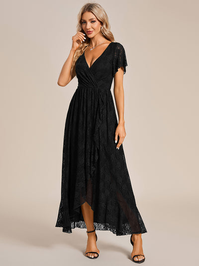 ever ELISE|Robe de soirée longue plissée à col en V avec volants en dentelle élégante