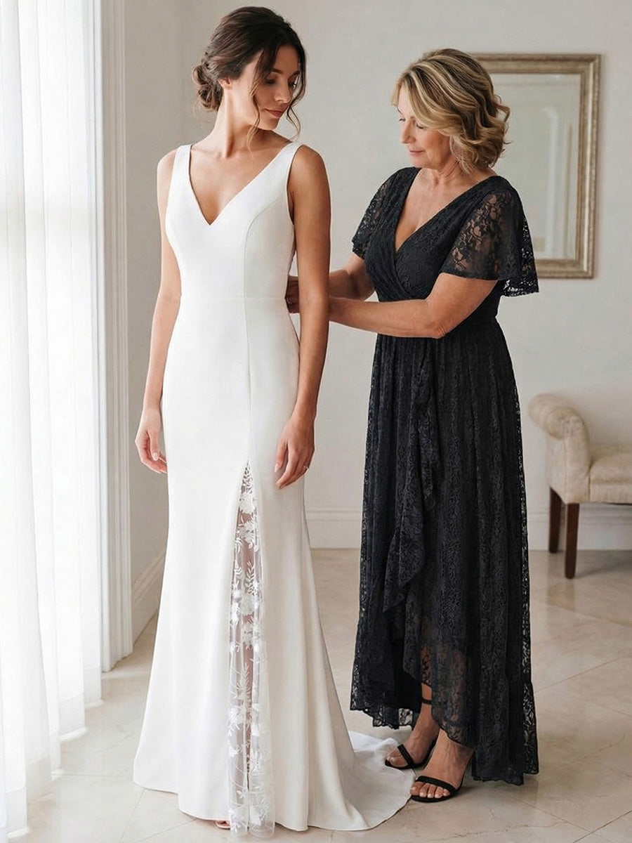 Robe de soirée en dentelle plissée à manches courtes et col en V Grande taille #Couleur_Noir
