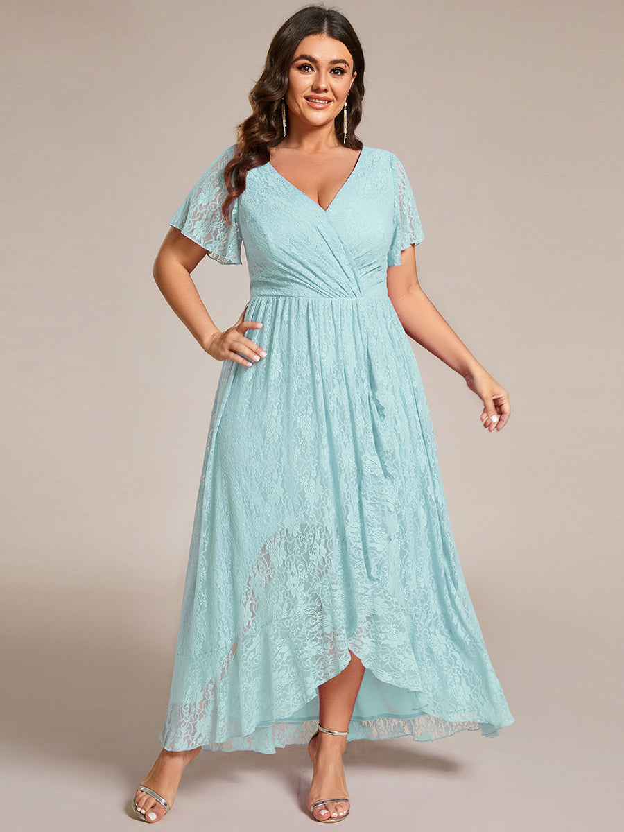 Robe D'invité De Mariage En Mousseline De Soie Mi-Longue Plissée à Manches à Volants Et Col En V  #Couleur_Bleu Ciel