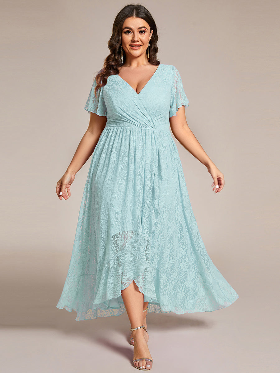 Robe D'invité De Mariage En Mousseline De Soie Mi-Longue Plissée à Manches à Volants Et Col En V  #Couleur_Bleu Ciel