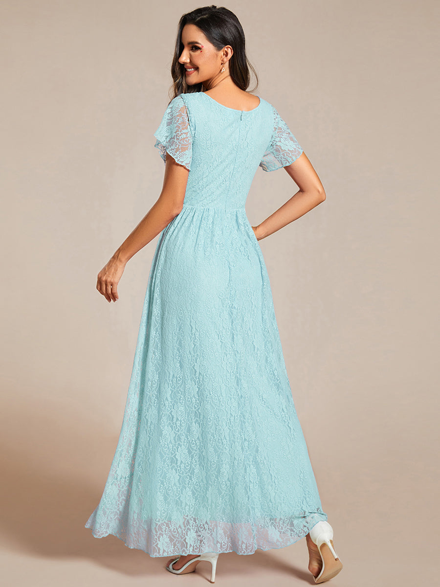 Robe D'invité De Mariage En Mousseline De Soie Mi-Longue Plissée à Manches à Volants Et Col En V  #Couleur_Bleu Ciel