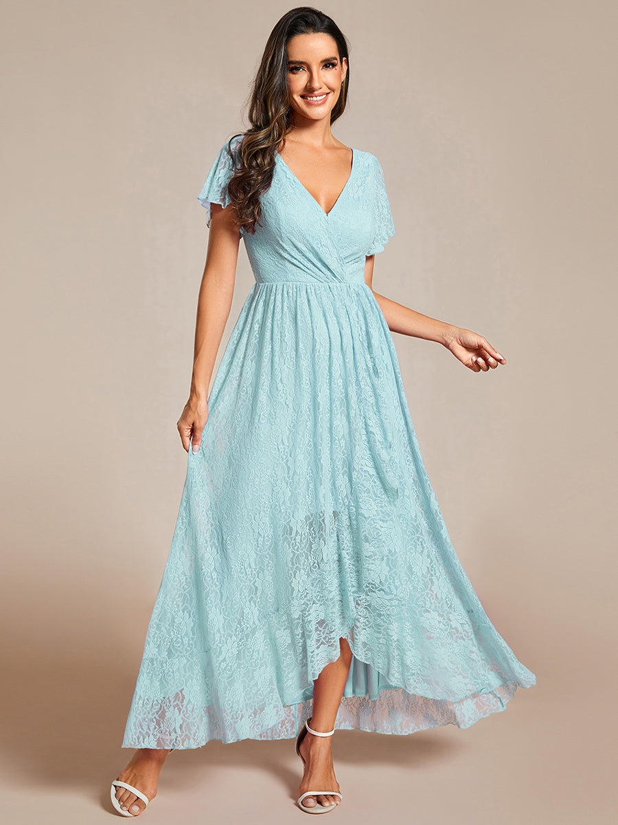 Robe D'invité De Mariage En Mousseline De Soie Mi-Longue Plissée à Manches à Volants Et Col En V  #Couleur_Bleu Ciel
