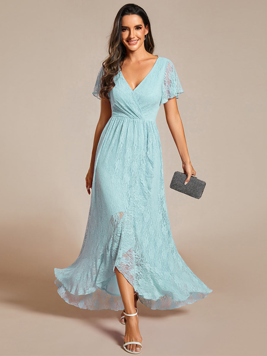 Robe D'invité De Mariage En Mousseline De Soie Mi-Longue Plissée à Manches à Volants Et Col En V  #Couleur_Bleu Ciel