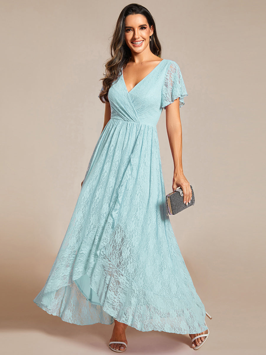 Robe D'invité De Mariage En Mousseline De Soie Mi-Longue Plissée à Manches à Volants Et Col En V  #Couleur_Bleu Ciel