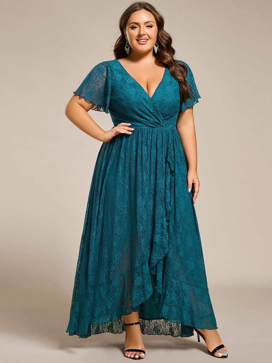 Robe de soirée en dentelle plissée à manches courtes et col en V Grande taille #Couleur_Bleu Sarcelle