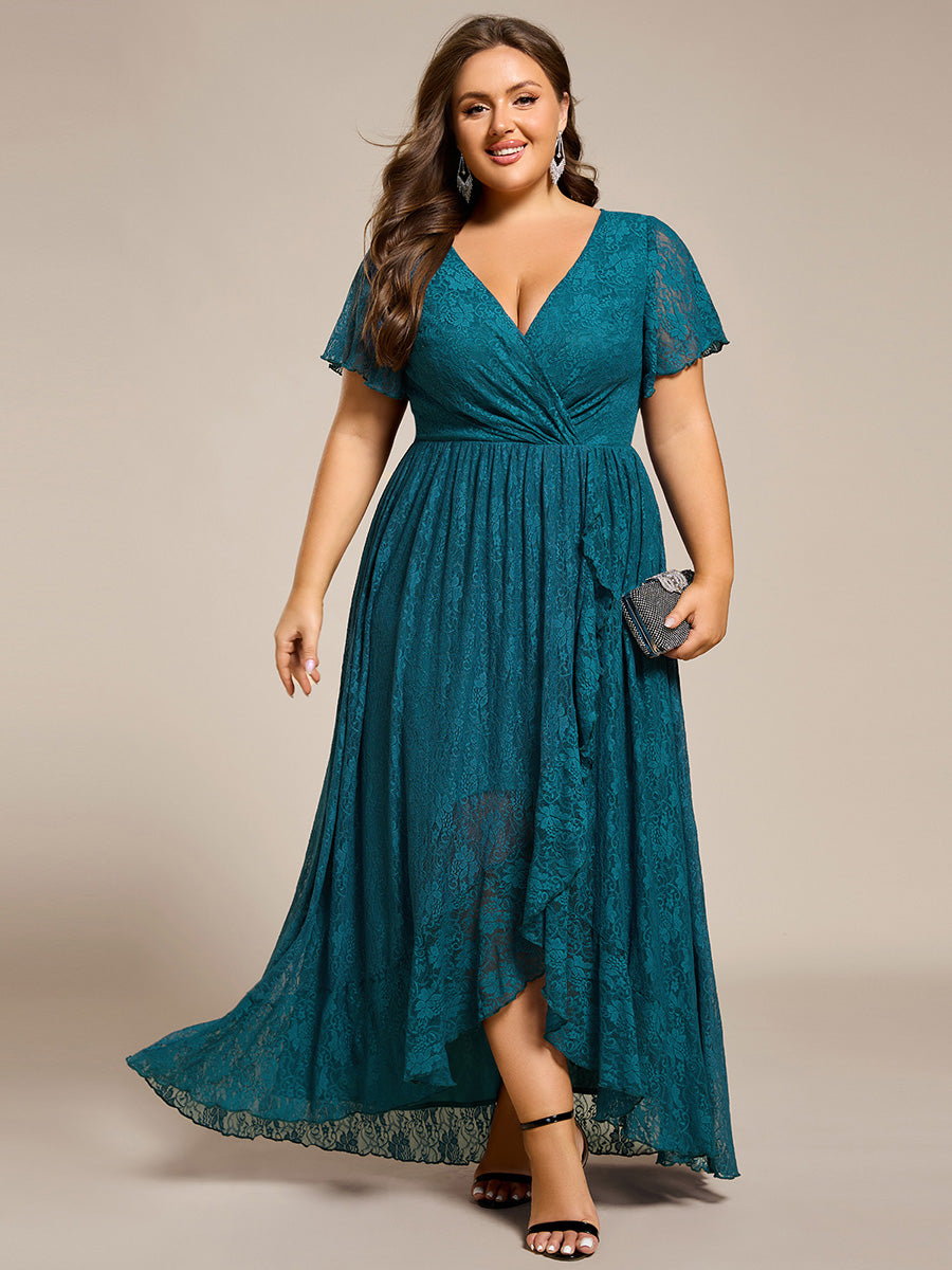 Robe de soirée en dentelle plissée à manches courtes et col en V Grande taille #Couleur_Bleu Sarcelle