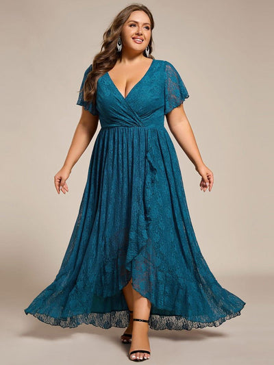 pretty ELISE|Robe de soirée en dentelle plissée à manches courtes et col en V Grande taille