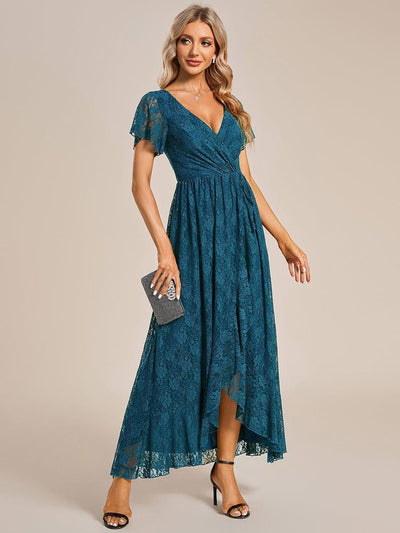 ever ELISE|Robe de soirée en dentelle plissée à manches courtes et col en V