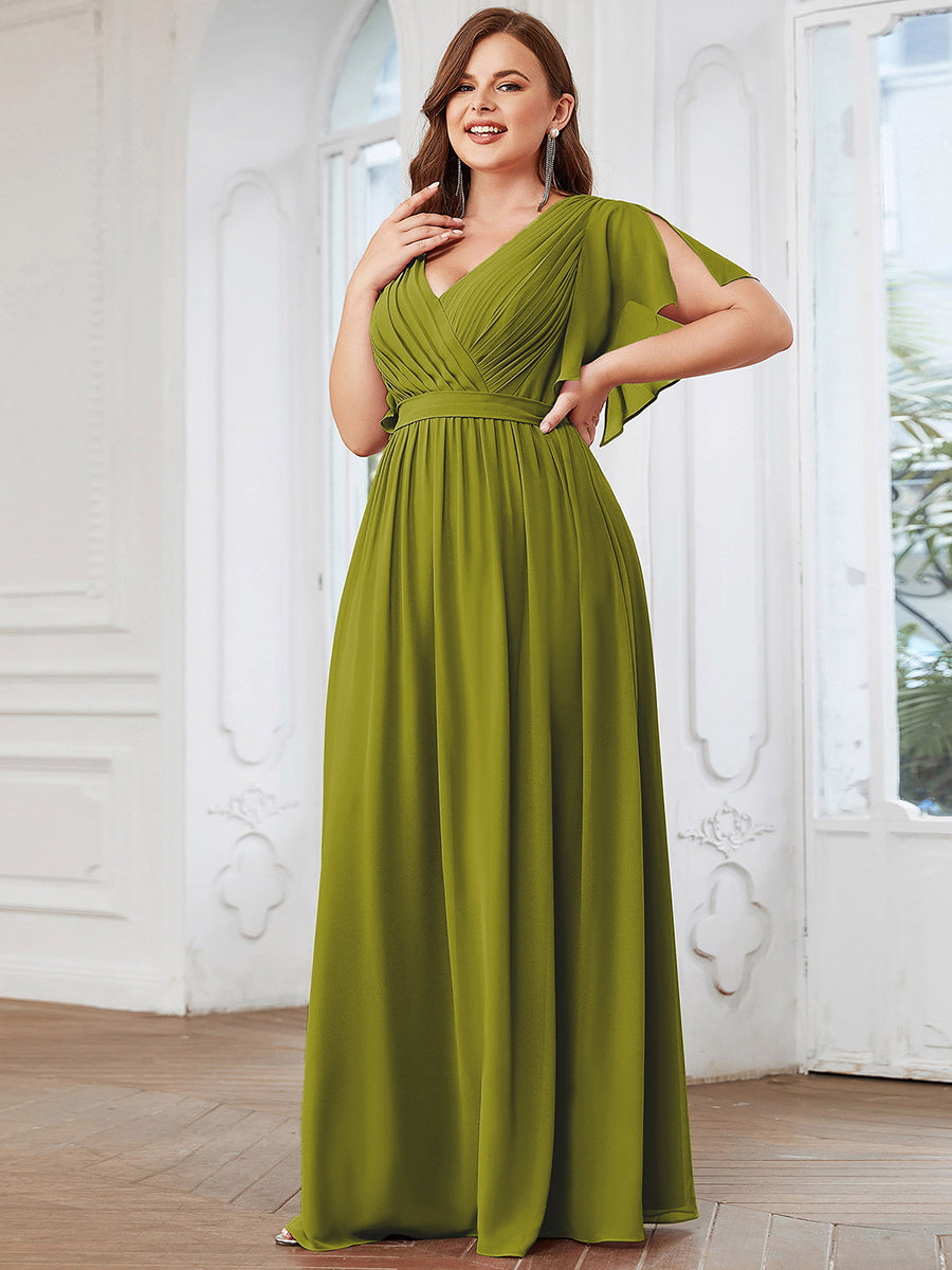 Robe de demoiselle d'honneur en mousseline de soie longue de grande taille à encolure #Couleur_Citron