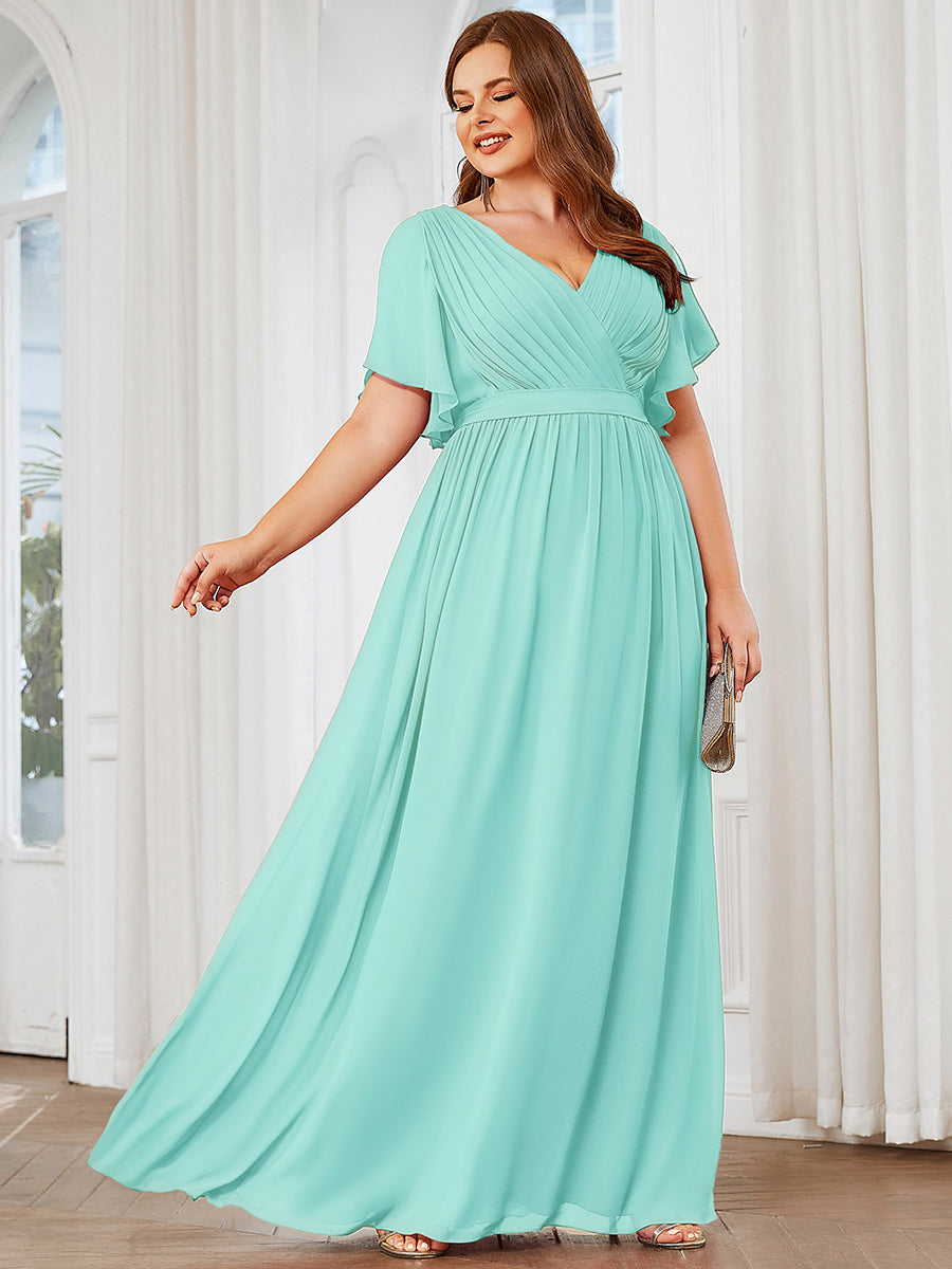 Robe de soirée en mousseline de soie à encolure en V et à manches flottantes #Couleur_Bleu pastel