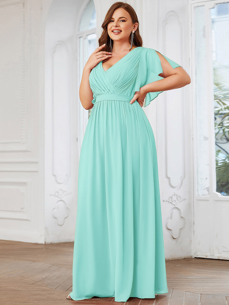 Robe de soirée en mousseline de soie longue de grande taille à encolureen V Maxi #Couleur_Bleu pastel